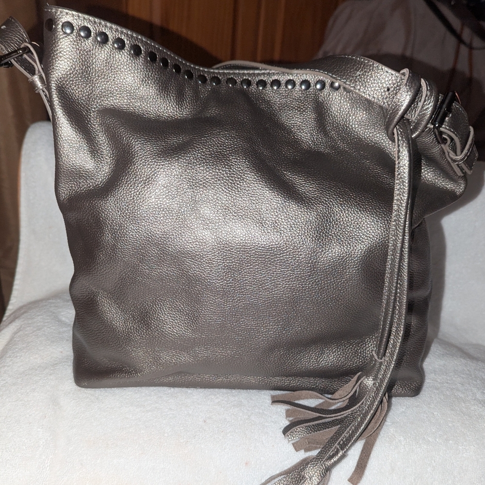 Laggo Red Gray Metallic Pebbled Studded Leather Shoulder Bag